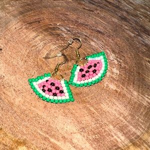 Handmade beaded watermelon dangle earrings.